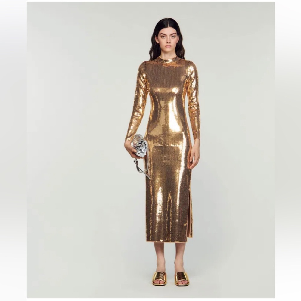 SANDRO Dore’ Gold Midi Dress Squin New $585- side split sexy bodycon BDay Bash🤩 - Picture 4 of 15